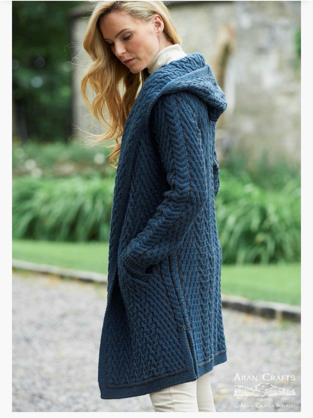 ARAN CRAFTS Open-Front Cable Knit Cardigan Sweater - DARK BLUE/BLACK - Picture 2 of 9
